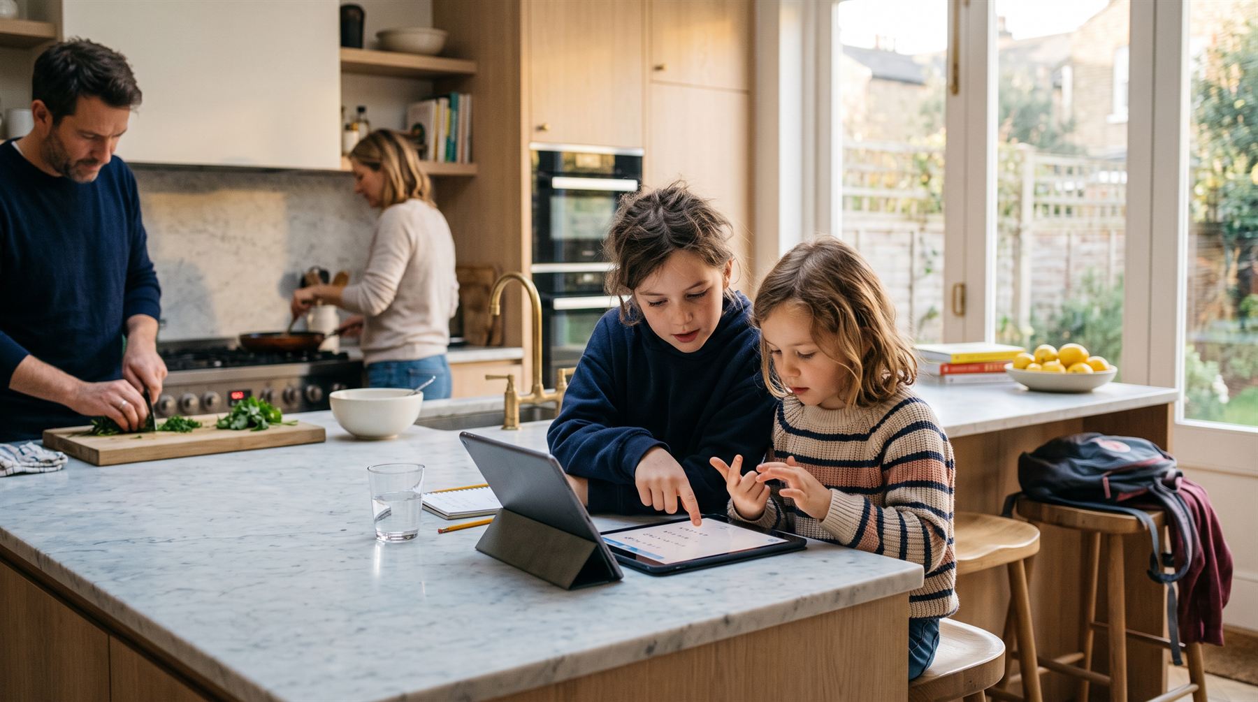 Two children at a marble kitchen island, working through math on a tablet together, while two parents cook behind them.